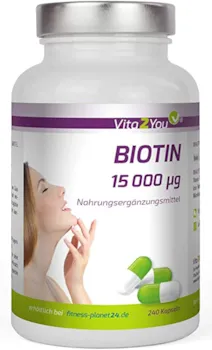 Produktbild von Vita2You Biotin 15.000 mcg (Vitamin B7) 240 Kapseln - Hochdosiert mit 15mg - Für Haut und Haare - Premium Qualität - Made in Germany