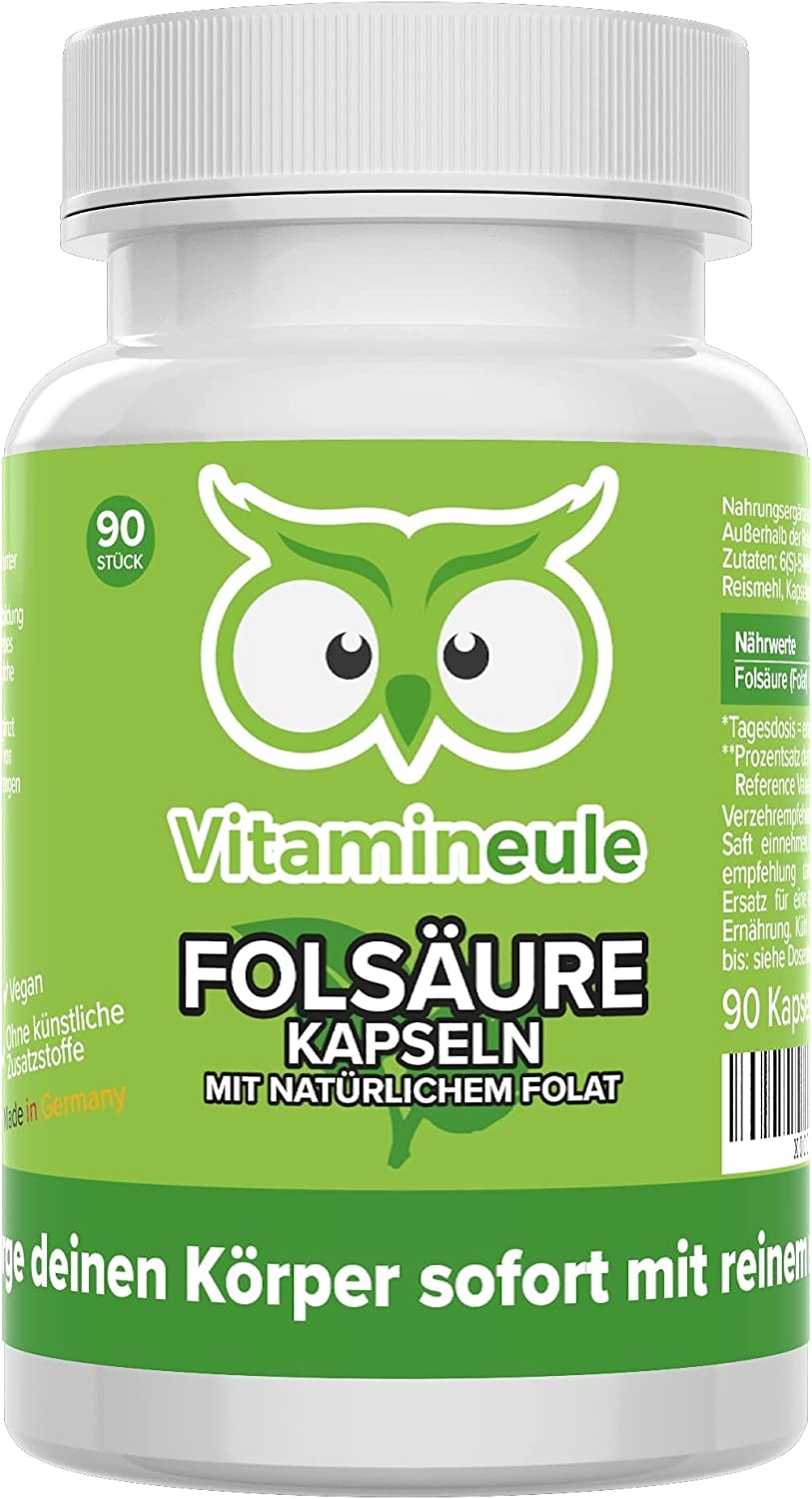 Produktbild von Bewertung Vitamineule Folsäure Kapseln 100% natürliches Folat 400 µg 5-MTHF - hochdosiert - bei Kinderwunsch & Schwangerschaft - ohne Zusätze - vegan - Qualität aus Deutschland - Vitamin B9 ohne Jod - Vitamineule®