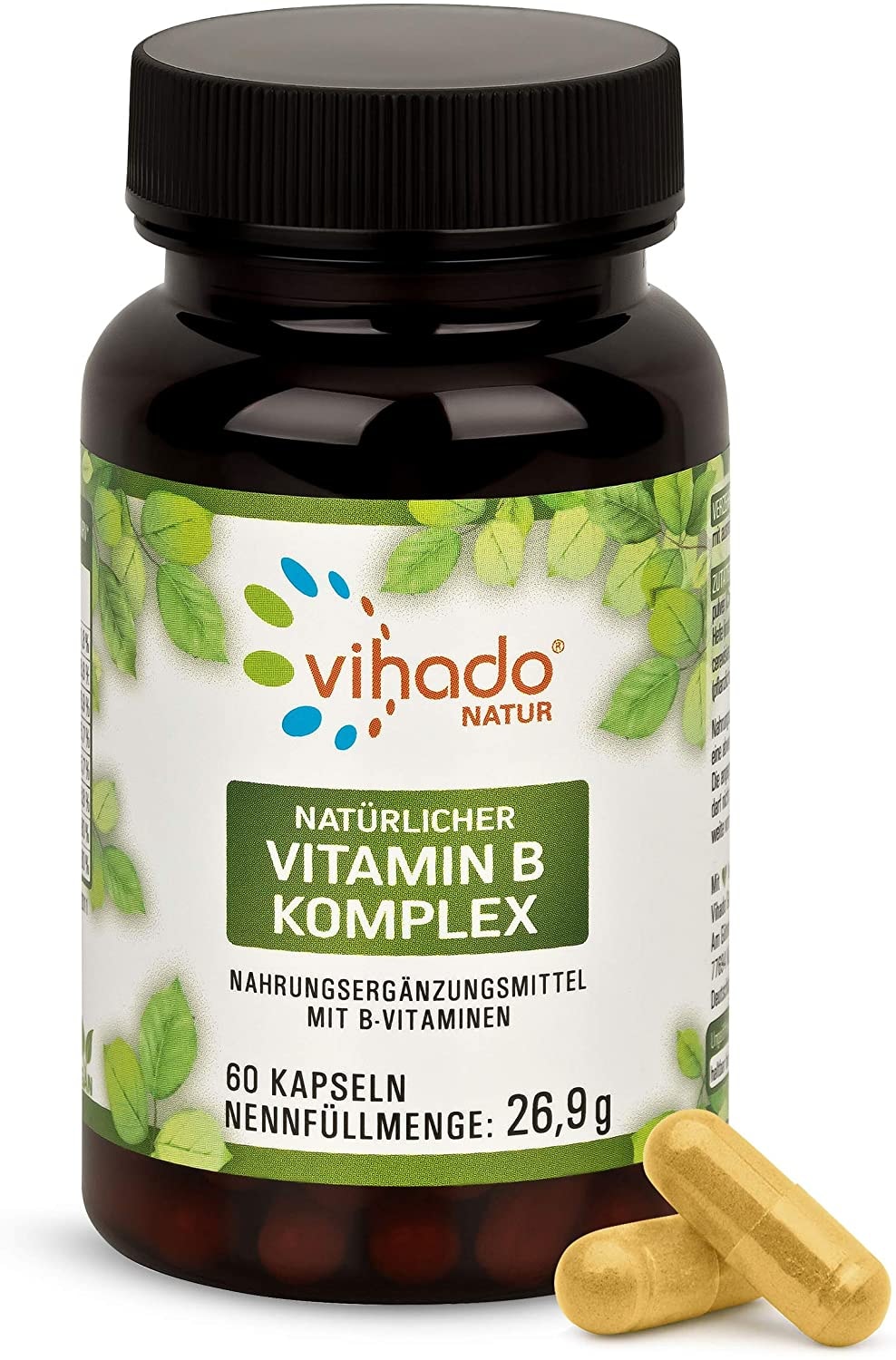 Produktbild von Vihado Natur Natürlicher Vitamin B Komplex – vegane B-Vitamine aus Quinoa Sprossen – hohe Bioverfügbarkeit – alle wichtigen B-Vitamine von Vitamin B1 bis B12 – 60 Kapseln