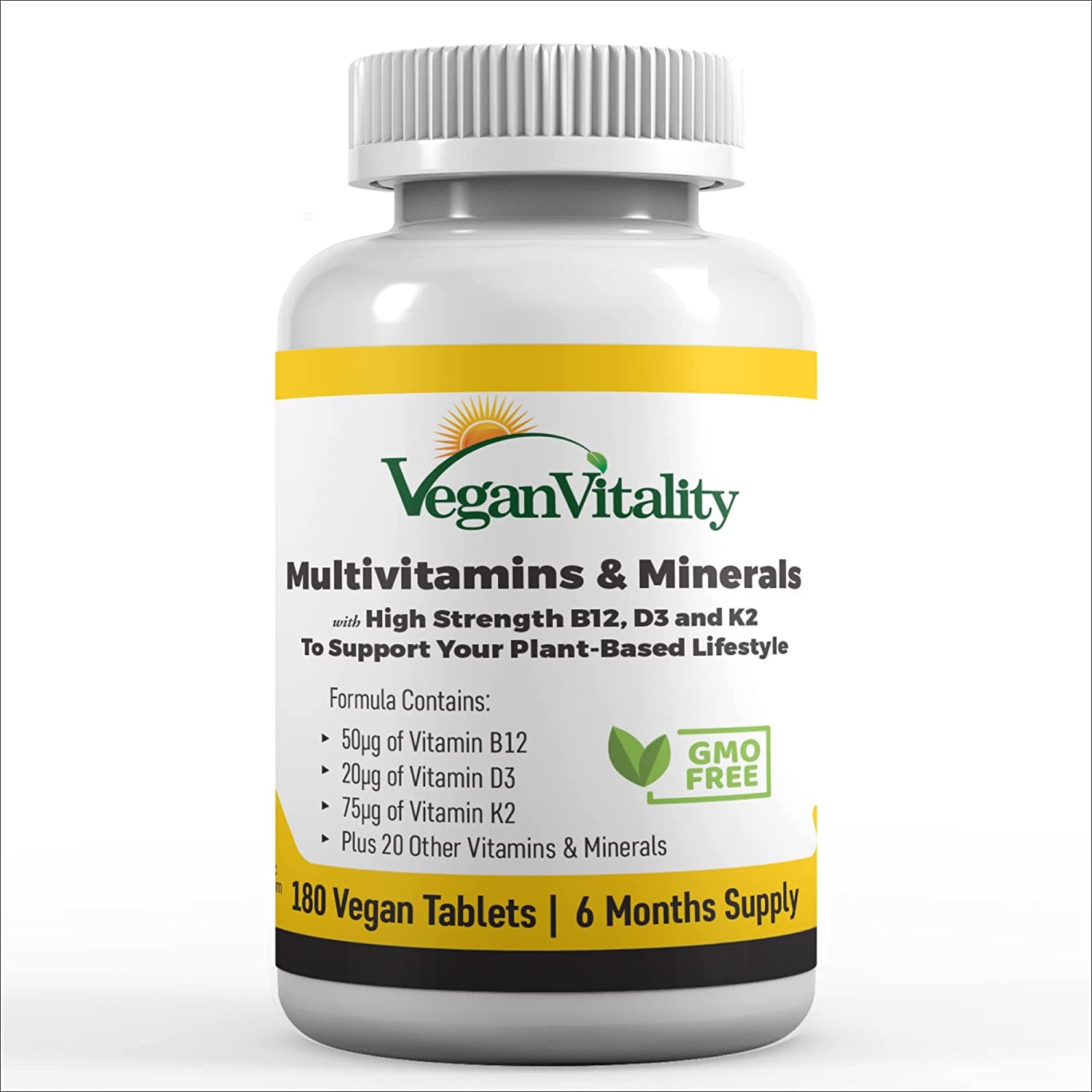 Produktbild von Vegane Multivitamine & Mineralien mit hochwirksamen Vitaminen B12, D3 & K2. 180 Multivitamin-Tabletten – 6-monatige Versorgung. Gebrauch: Für Veganer und Vegetarier