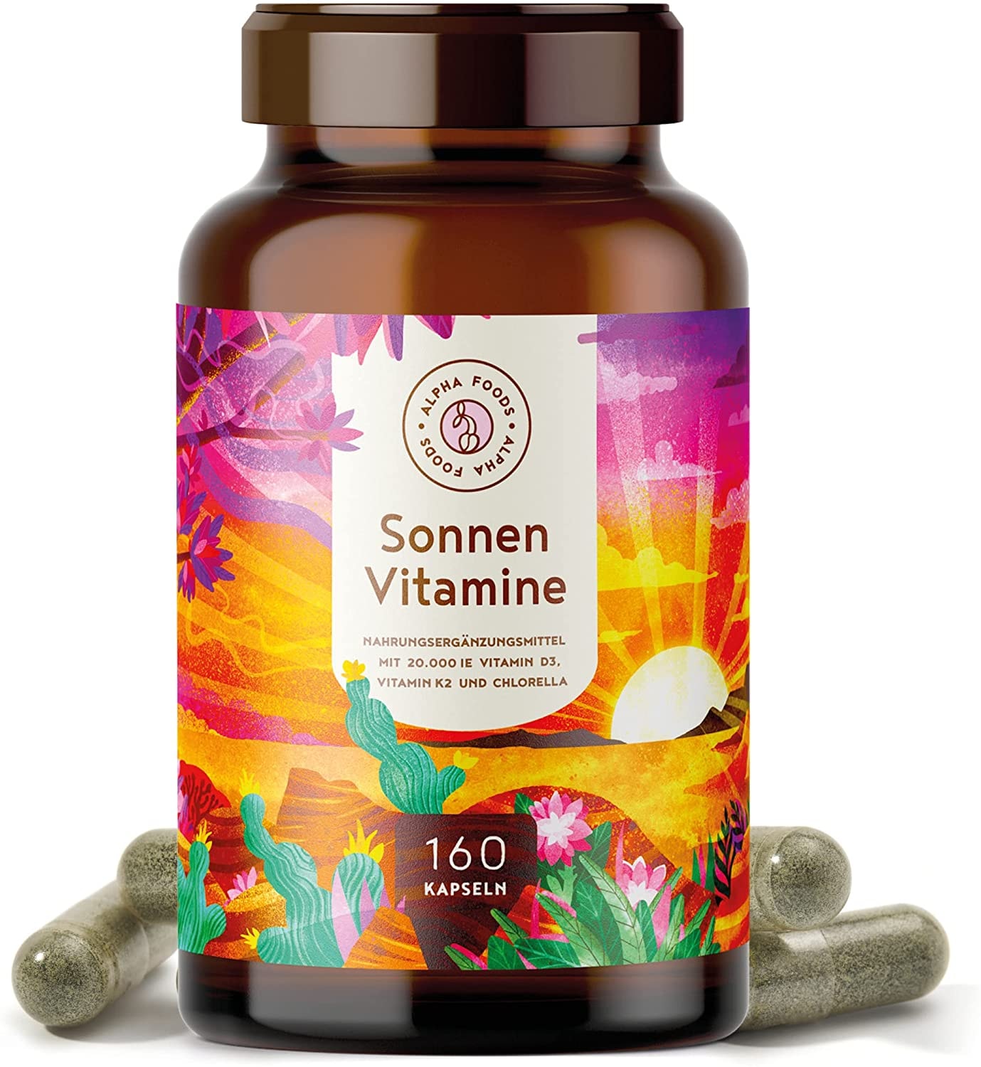 Produktbild von Alpha Foods 20.000 Vitamin D3, K2 (vitaMK-7, 99,99% All-Trans) und pflanzliche Omega 3 Fettsäuren aus Leinsamen und Algen - SONNENVITAMINE - Ohne Zusatzstoffe, ohne Hilfsstoffe - 160 Depot-Kapseln