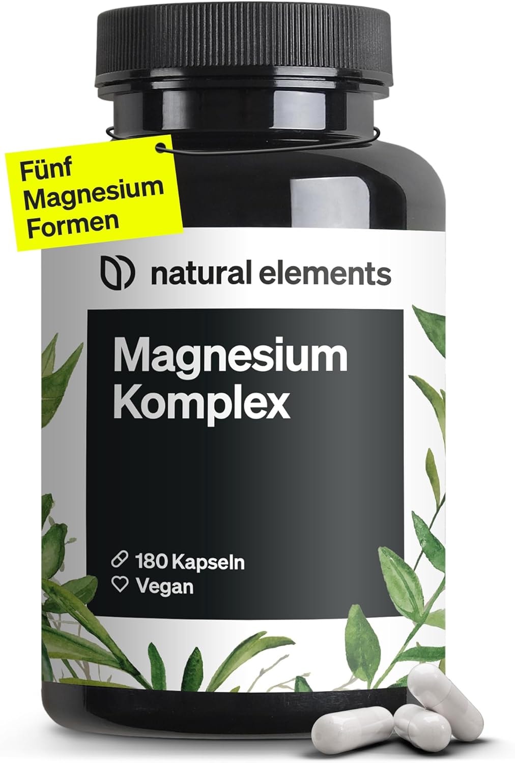 Produktbild von natural elements Magnesium Komplex Premium Aus 5 hochwertigen Verbindungen 400mg elementares Magnesium pro Tagesdosis Laborgeprüft vegan hochdosiert