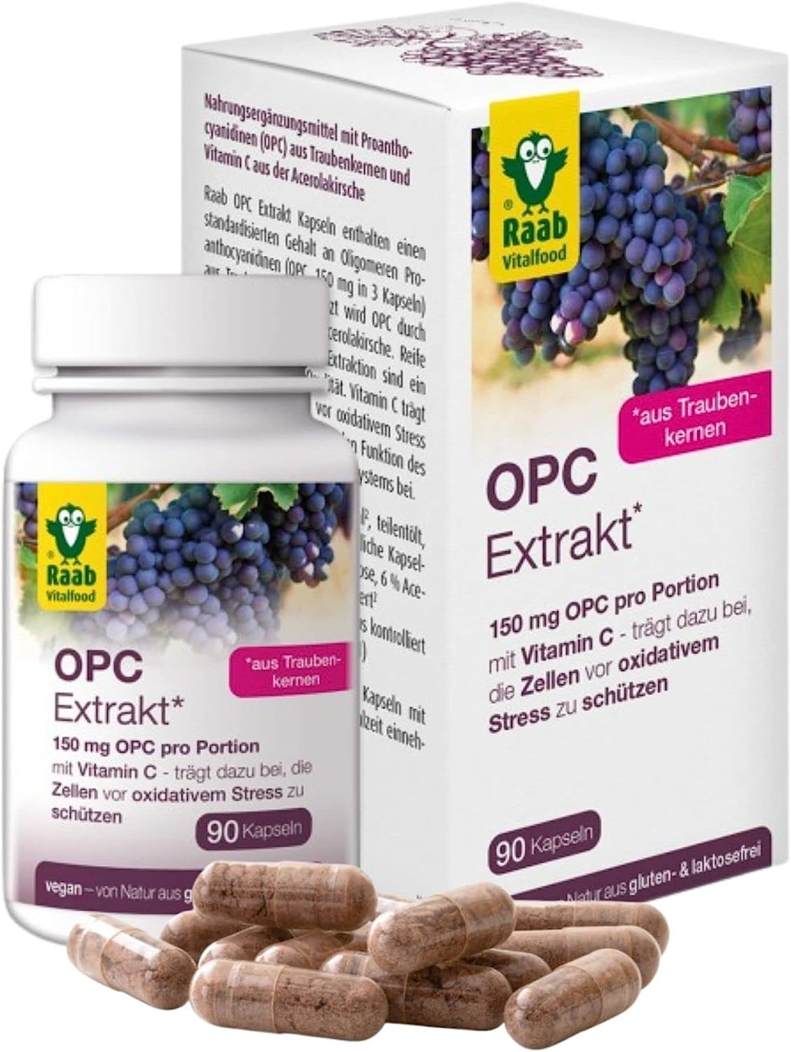 Produktbild von Bewertung Raab Vitalfood OPC Extrakt Kapseln, 90 Stück vegan & glutenfrei Oligomere Proanthocyanidine aus Traubenkernen Extrakt