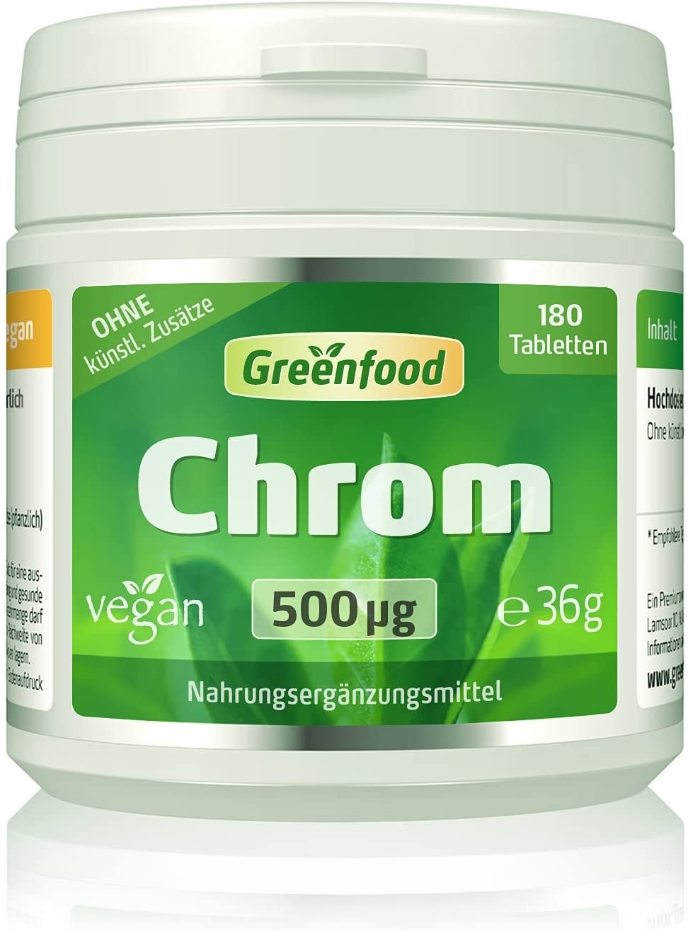 Produktbild von Greenfood Chrom, 500 µg, hochdosiert, 180 Tabletten - für einen ausgeglichenen Blutzuckerspiegel. OHNE künstliche Zusätze, ohne Gentechnik. Vegan.