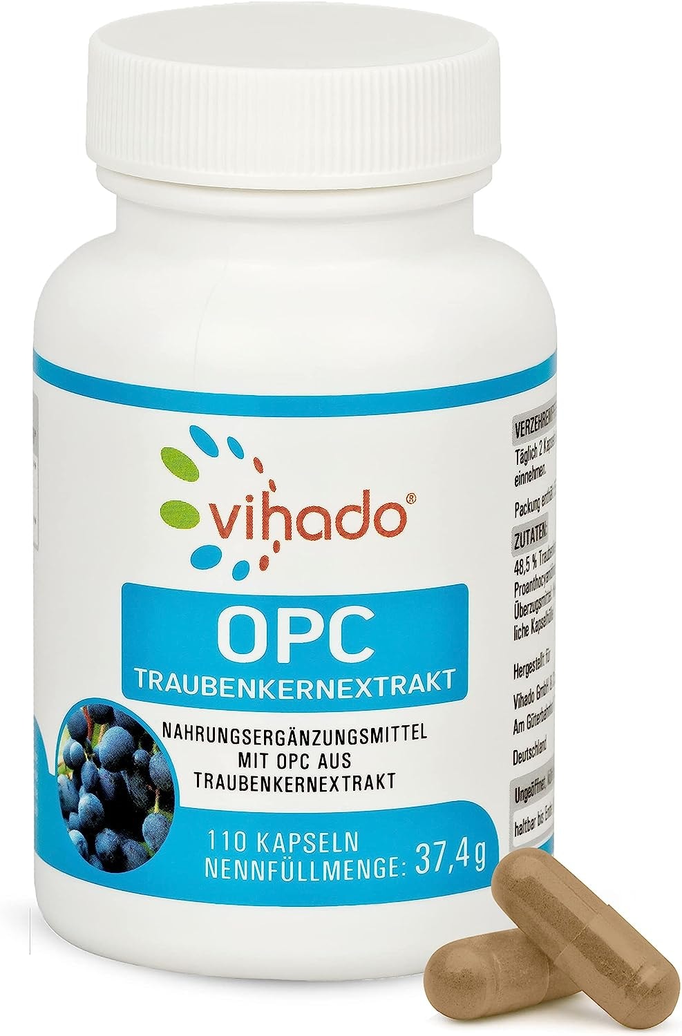 Produktbild von Bewertung Vihado OPC Traubenkernextrakt aus Trauben ausgewählter Anbaugebiete in Deutschland verarbeitet veganes Nahrungsergänzungsmittel mit OPC hochdosiert ohne Zusätze 110 Kapseln