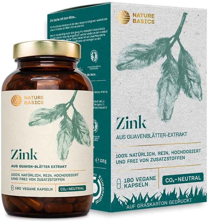 Produktbild von Nature Basics natürliches Zink aus Guaven-Blätter Extrakt im Glas 180 vegane Kapseln 1,5 Monatsvorrat 10mg Zink pro Tagesdosis hochdosiert frei von Zusatzstoffen & CO-neutral