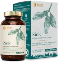 Produktbild von Nature Basics natürliches Zink aus Guaven-Blätter Extrakt im Glas 180 vegane Kapseln 1,5 Monatsvorrat 10mg Zink pro Tagesdosis hochdosiert frei von Zusatzstoffen & CO-neutral