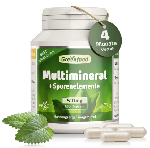Produktbild von Bewertung Greenfood Multimineral Kapseln hochdosiert vegan Mineralstoff Komplex Spurenelemente Magnesium Calcium Zink Selen Jod Knochen Haare Nägel Nerven