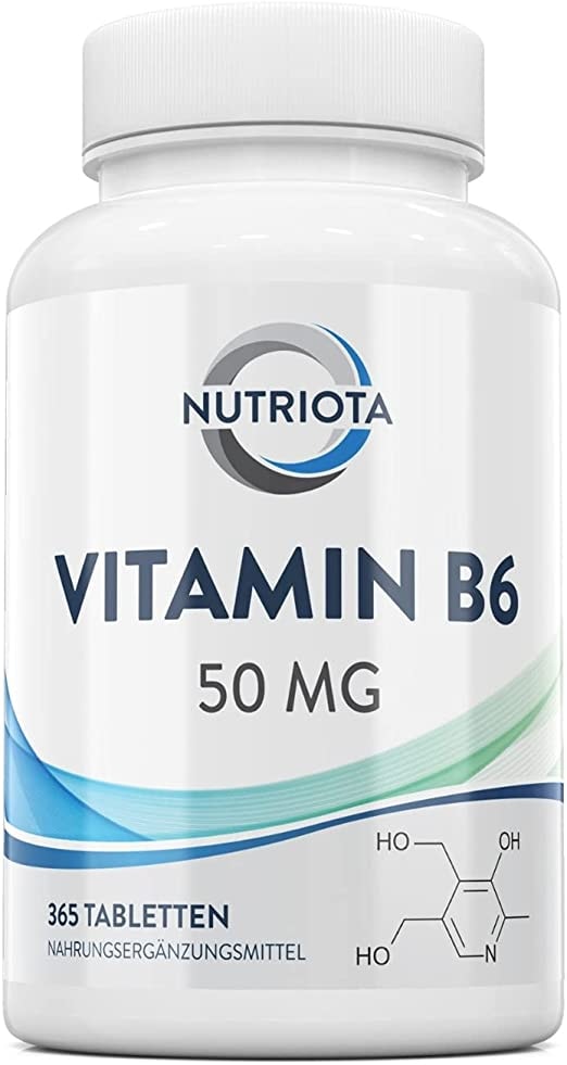 Produktbild von Nutriota Vitamin B6 50mg | 365 hochwirksame vegane Tabletten | Trägt zu einem gesunden Stoffwechsel, einer normalen Funktion des Nerven- und Immunsystems bei | Trägt zum Abbau von Müdigkeit bei | Von Nutriota