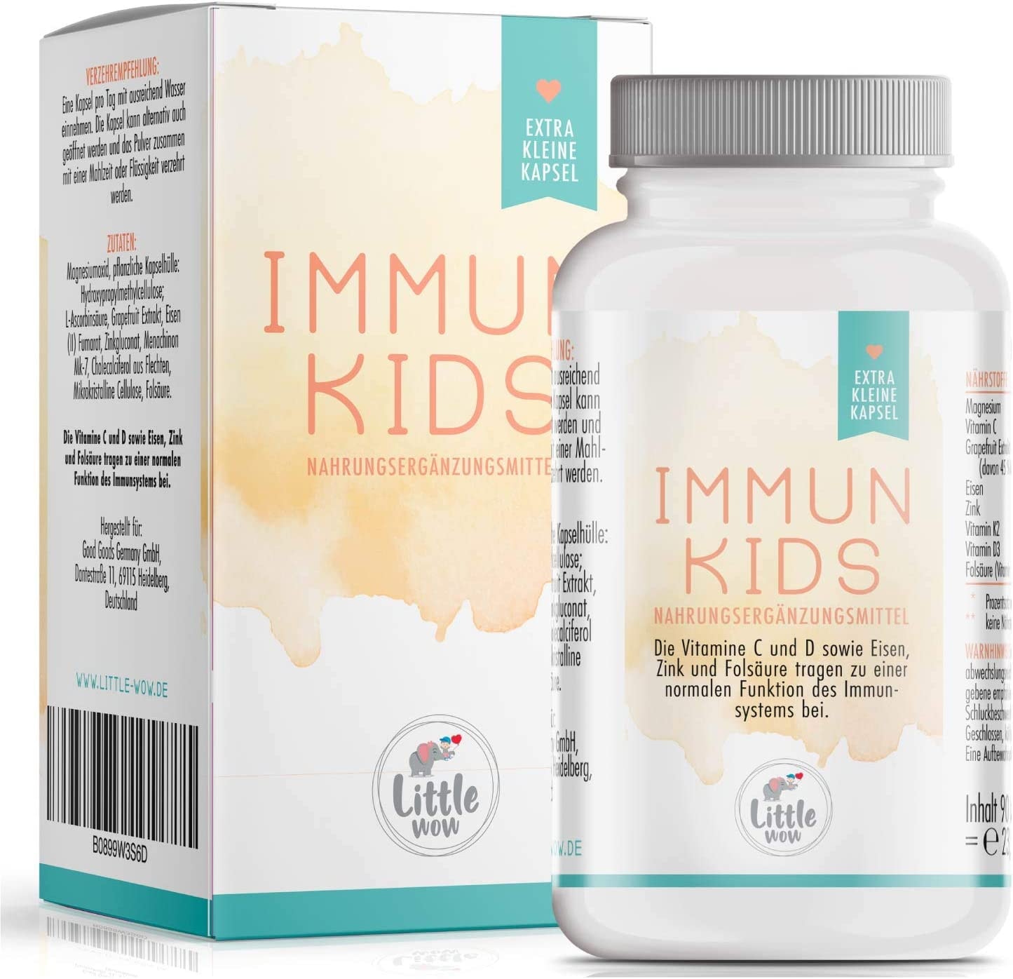 Produktbild von Little Wow Daily Vegan Multivitamin für Kinder Immunsystem Mit Vitamin C+D+Magnesium+Folsäure B9+Eisen&Zink 90 Kapseln 100% VEGAN für 3 Monate - Grapefruit Extrakt , Vitamine Kinder