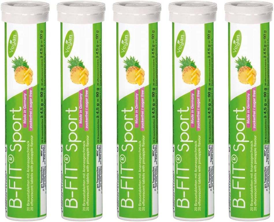 Produktbild von Bewertung B-FIT Sport Mineralien und Vitamine Intensiver Ananasgeschmack 5 x 20 = 100 Brausetabletten Made in Germany