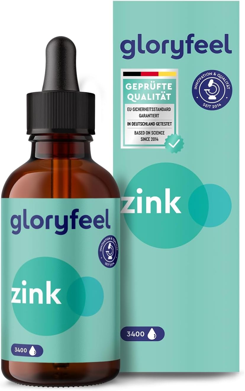 Produktbild von GloryFeel Zink Tropfen 100ml 3400 Tropfen Premium: Zink-Sulfat Flüssig (Ionisches Zink) - Ohne Alkohol & Vegan - Laborgeprüfte Markenqualität deutscher Herstellung