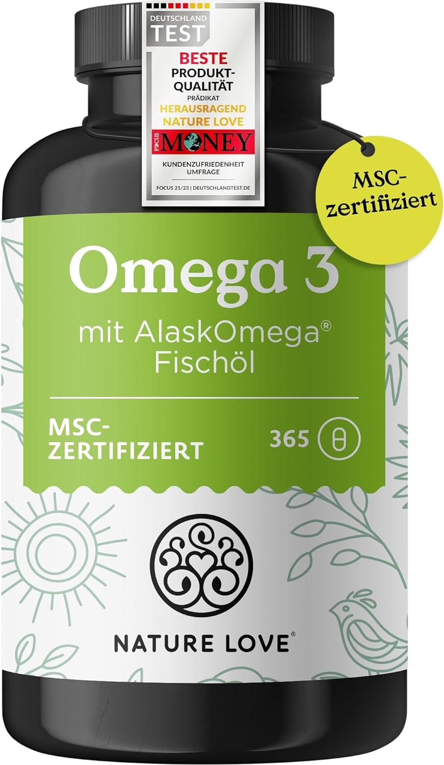 Produktbild von Bewertung NATURE LOVE Omega 3 hochdosiert mit 650mg Omega 3 Fettsäuren pro Tagesdosis 365 kleine Kapseln mit Spitzenrohstoff AlaskOmega MSC-zertifiziert  ohne Zusätze in Deutschland produziert