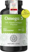 Produktbild von Bewertung NATURE LOVE Omega 3 hochdosiert mit 650mg Omega 3 Fettsäuren pro Tagesdosis 365 kleine Kapseln mit Spitzenrohstoff AlaskOmega MSC-zertifiziert  ohne Zusätze in Deutschland produziert
