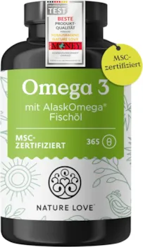 Produktbild von Bewertung NATURE LOVE Omega 3 hochdosiert mit 650mg Omega 3 Fettsäuren pro Tagesdosis 365 kleine Kapseln mit Spitzenrohstoff AlaskOmega MSC-zertifiziert  ohne Zusätze in Deutschland produziert