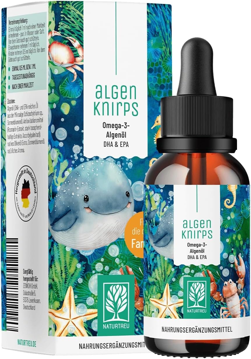 Produktbild von Bewertung NATURTREU Omega 3 für Kinder aus Algenöl - Optimiert für Kinder mit leckerem Orangen Geschmack, 250 mg DHA und 125 mg EPA pro Portion - kein Tropfen zählen nötig - Omega 3 Kids - Vegan - 50 Portionen
