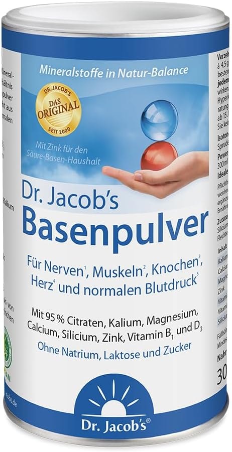 Produktbild von Bewertung Dr. Jacobs Basenpulver auf Citratbasis besonders viel Kalium Calcium Magnesium Zink Vitamin D Sport auch für Diäten und Basenfasten 300 g Dose Original Citrat-Basen-Pulver