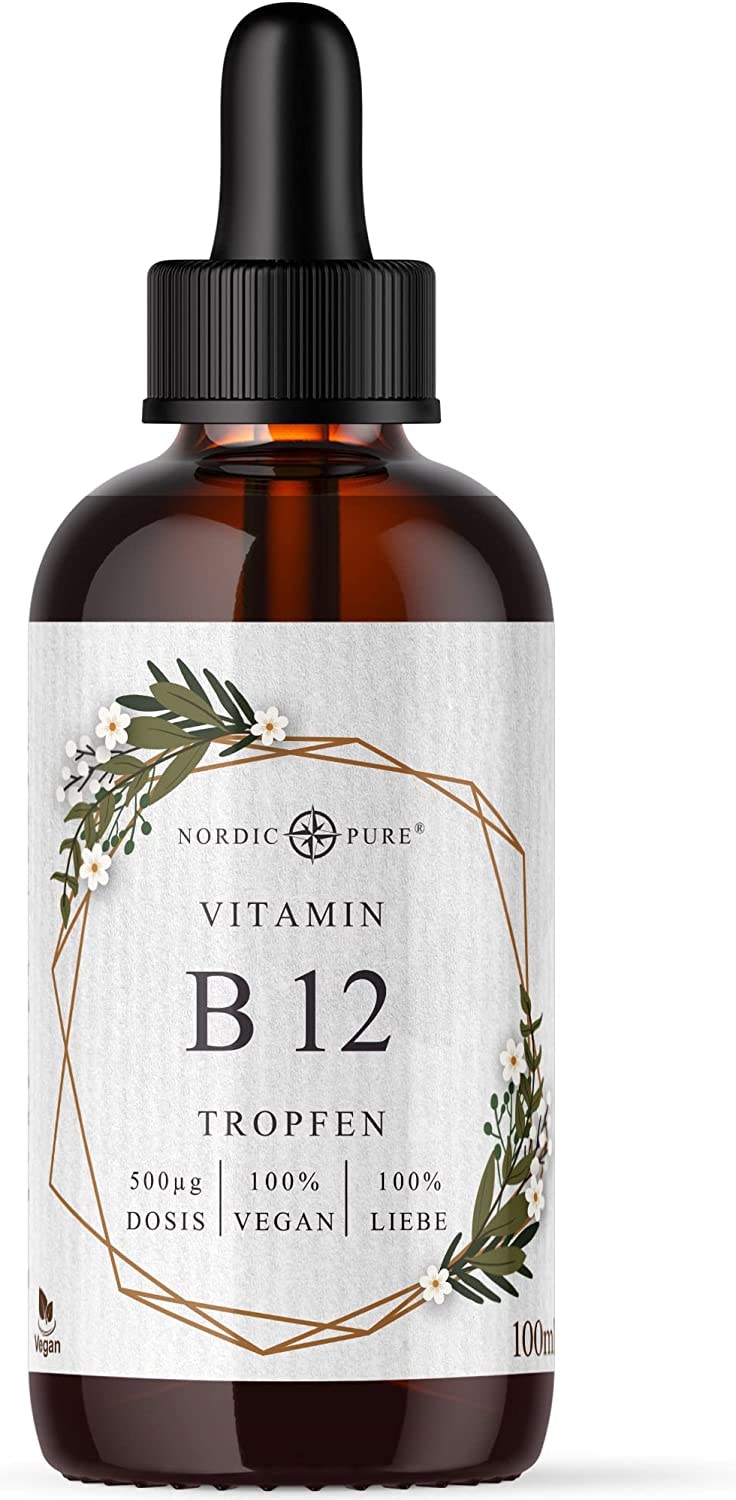 Produktbild von NORDIC PURE - Vitamin B12 Tropfen - Methylcobalamin, 500µg pro Tagesdosis - 2500 Tropfen in 100ml, frei von Konservierungsstoffen, vegan & hochdosiert