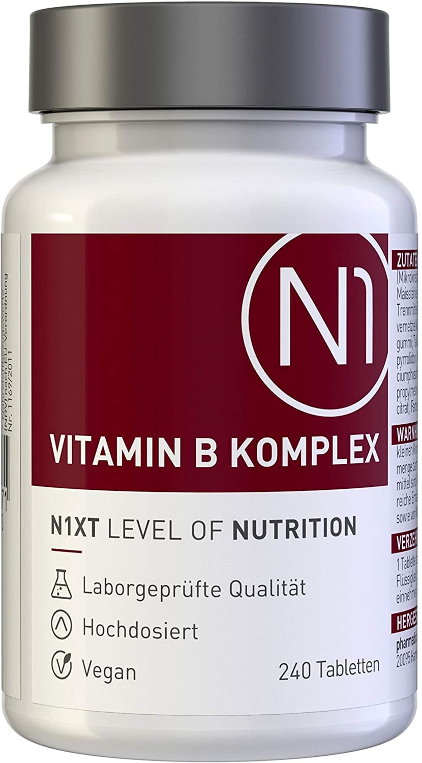 Produktbild von N1 VITAMIN B KOMPLEX 240 vegane Tabletten PREMIUM [nur 1x tgl. - 8 Monats-Vorrat] - alle 8 B Vitamine in einer Tablette - Apotheken-Produkt - beste Bioverfügbarkeit - Optimal kombiniert