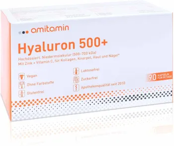 amitamin - Hyaluron 500+, Apothekenqualität, 90 Kapseln für 3 Monate, einzeln hygienisch verpackt, hochdosierte Hyaloronsäurekapseln 500mg, 500-700 kDa, plus Vitamin C und Zink, vegan
