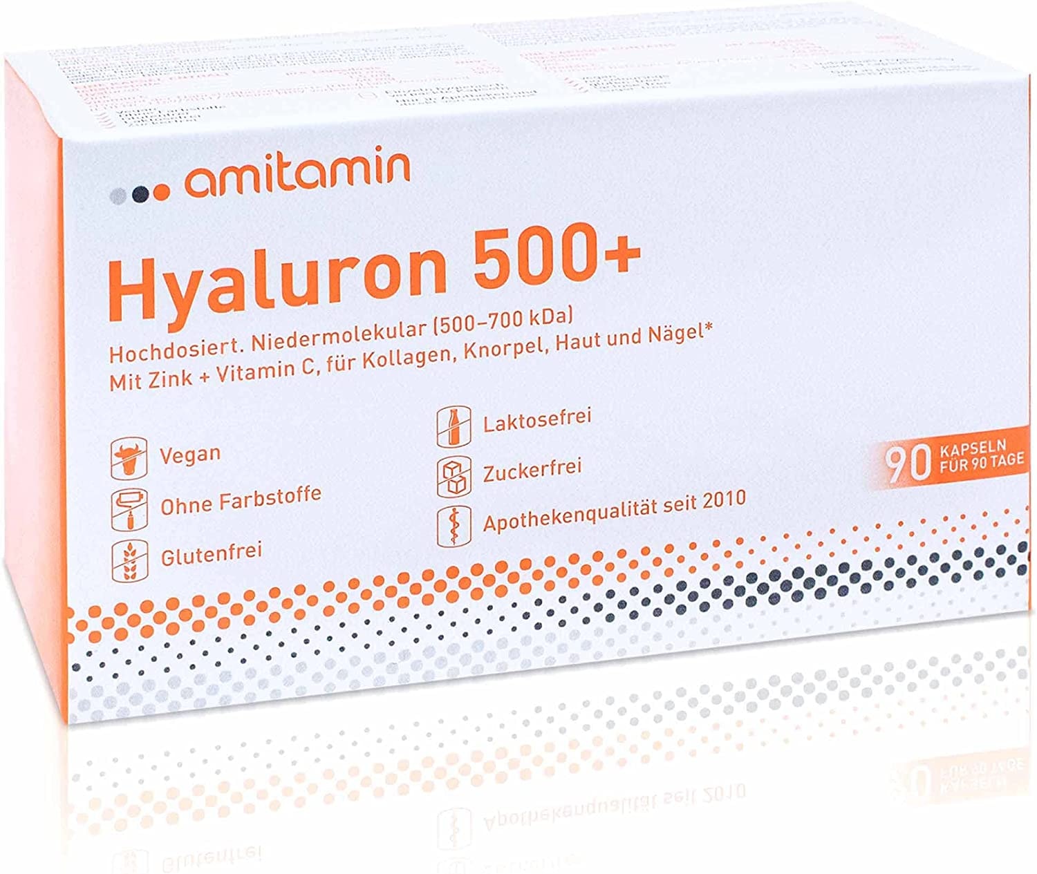 Produktbild von amitamin - Hyaluron 500+, Apothekenqualität, 90 Kapseln für 3 Monate, einzeln hygienisch verpackt, hochdosierte Hyaloronsäurekapseln 500mg, 500-700 kDa, plus Vitamin C und Zink, vegan
