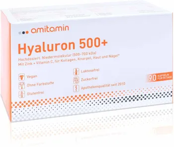 Produktbild von amitamin - Hyaluron 500+, Apothekenqualität, 90 Kapseln für 3 Monate, einzeln hygienisch verpackt, hochdosierte Hyaloronsäurekapseln 500mg, 500-700 kDa, plus Vitamin C und Zink, vegan
