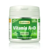 Produktbild von Greenfood Vitamin A+D, 4000+1000 iE, hochdosiert, 180 Tabletten, vegan - Vitamin A für gute Sehkraft und Vitamin D für stabile Knochen und ein starkes Immunsystem. OHNE künstliche Zusätze. Ohne Gentechnik.