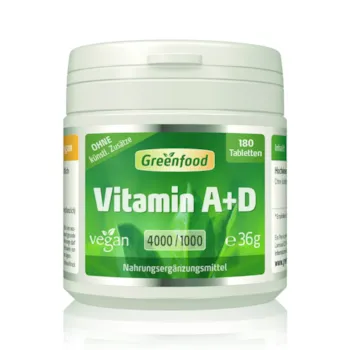 Produktbild von Greenfood Vitamin A+D, 4000+1000 iE, hochdosiert, 180 Tabletten, vegan - Vitamin A für gute Sehkraft und Vitamin D für stabile Knochen und ein starkes Immunsystem. OHNE künstliche Zusätze. Ohne Gentechnik.