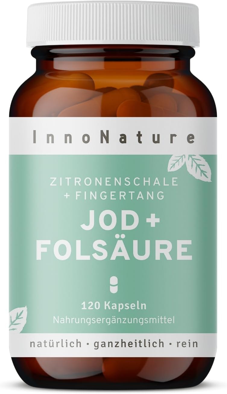 Produktbild von Bewertung InnoNature Natürliche Folsäure mit Jod aus Fingertangextrakt und Zitronenschalenextrakt) 120 Kapseln. 150 µg Jod + 800 µg Folsäure Für Kinderwunsch + Schwangerschaft. 100% natürlich, hochdosiert, vegan & hergestellt in DE