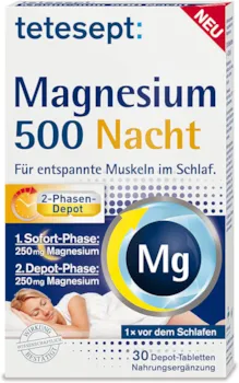 tetesept Magnesium 500 Nacht – Nahrungsergänzungsmittel mit hochdosiertem Magnesium für entspannte Muskeln im Schlaf – 5 x 30 Tabletten
