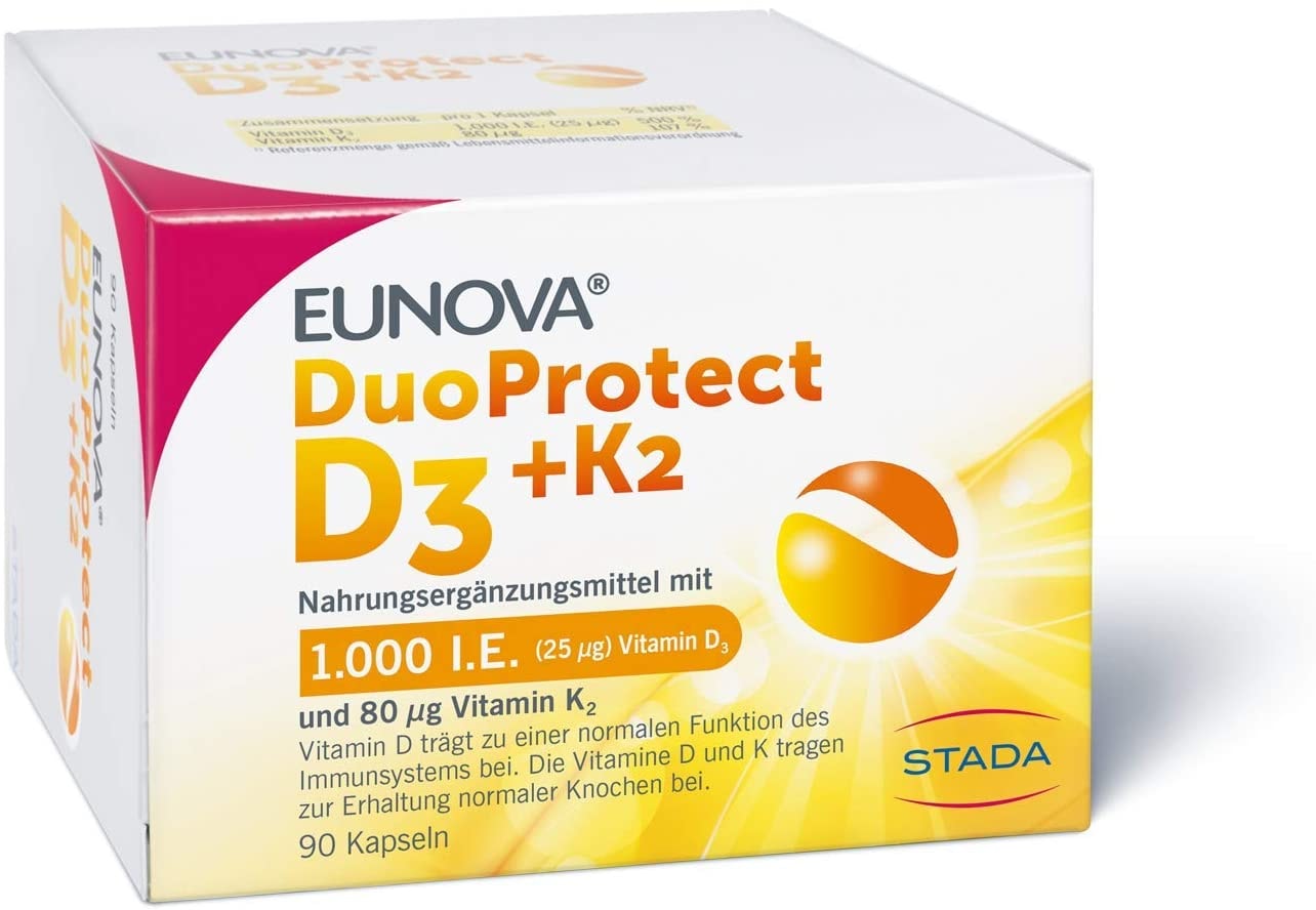 Produktbild von EUNOVA DuoProtect D3 + K2 1000 I.E. - Nahrungsergänzungsmittel für gesunde Knochen - 1 x 90 Kapseln