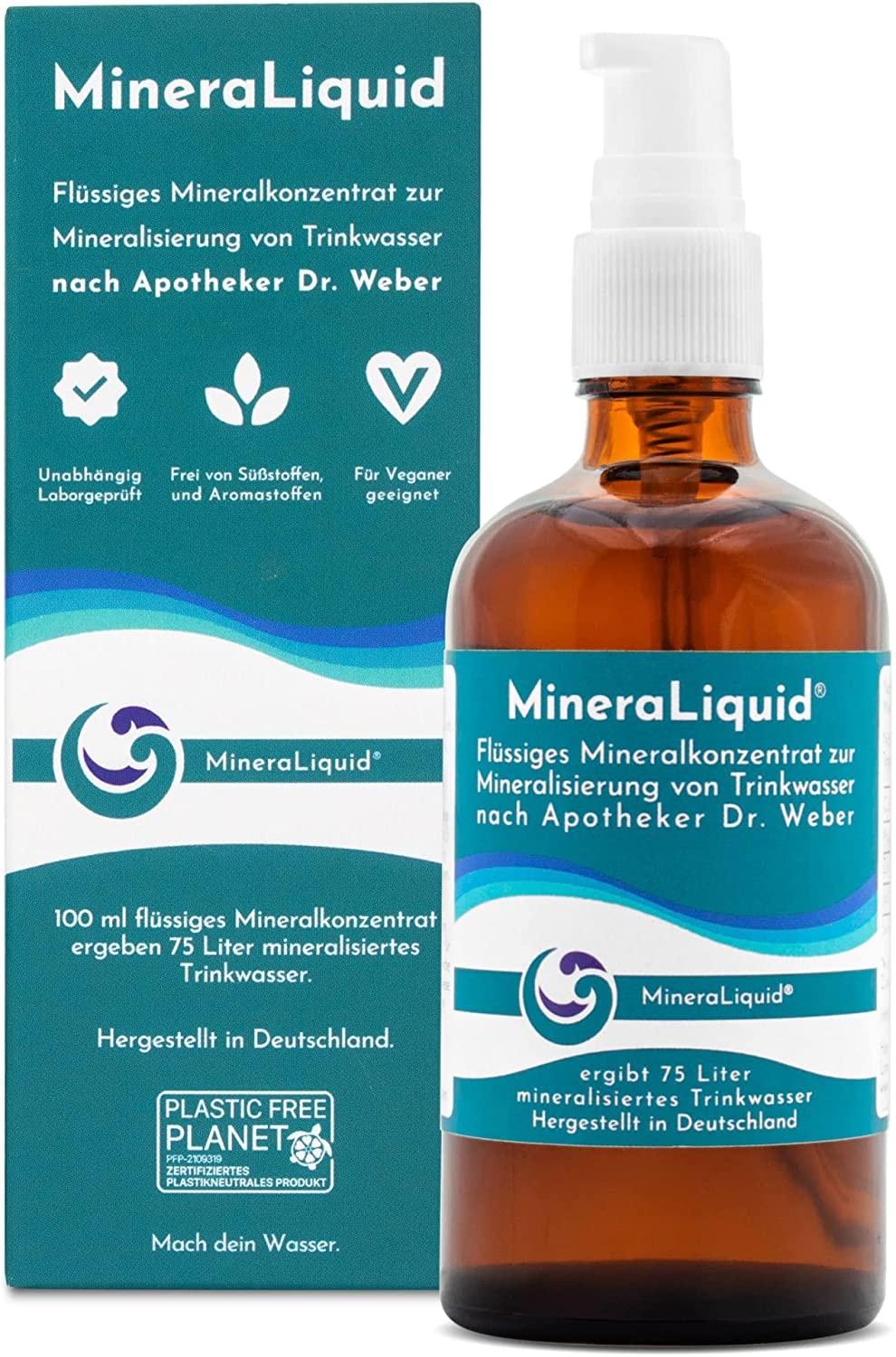 Produktbild von MineraLiquid  Mineralien Konzentrat mit Calcium, Magnesium & Spurenelemente - 100ml flüssige Elektrolyte für 75 Liter Sprudelwasser und Getränke - Magnesium, Calcium, Iod, Selen und Zink flüssig