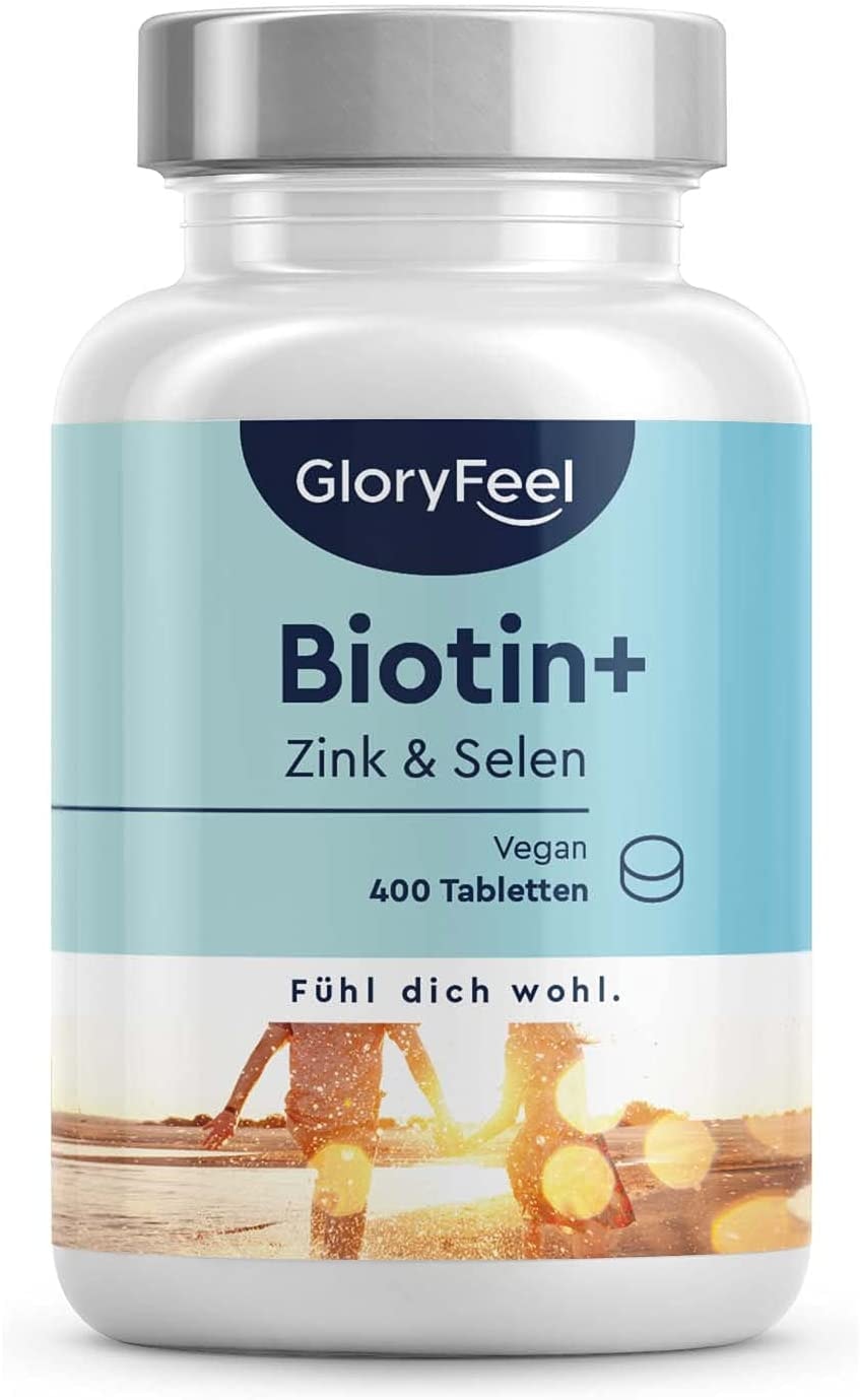 Produktbild von GloryFeel Biotin Zink Selen Vergleichssieger 2020 400 vegane Tabletten (13 Monate) - Premium Haar-Vitamine hoch bioverfügbar - Laborgeprüft und ohne Zusätze in Deutschland hergestellt