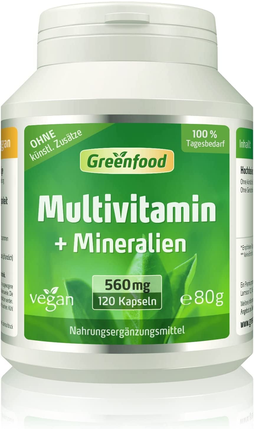 Produktbild von Bewertung Greenfood Multivitamin mit Mineralien 120 Kapseln hochdosiert alle wichtigen Vitamine Tagesbedarf, Mineralien und Spurenelemente. Mit hoher Bioverfügbarkeit. OHNE künstliche Zusätze. Vegan.