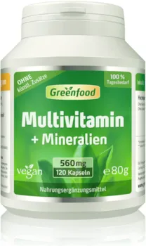 Produktbild von Bewertung Greenfood Multivitamin mit Mineralien 120 Kapseln hochdosiert alle wichtigen Vitamine Tagesbedarf, Mineralien und Spurenelemente. Mit hoher Bioverfügbarkeit. OHNE künstliche Zusätze. Vegan.