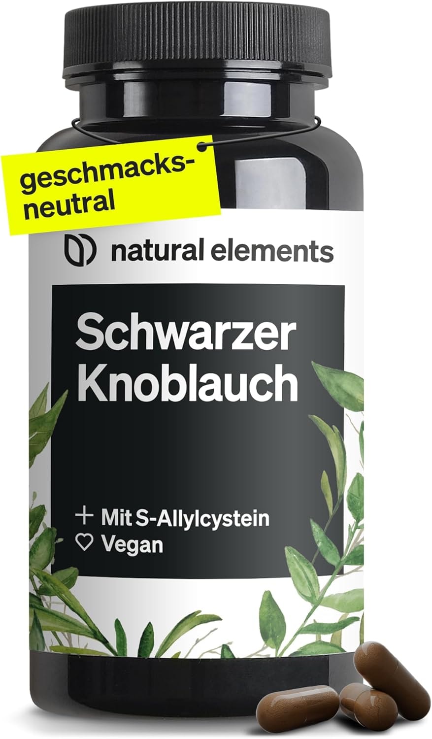 Produktbild von Bewertung natural elements Schwarzer Knoblauch 45 Kapseln mit je 600mg Wunderknolle mit S-Allylcystein natürlich laborgeprüft vegan hochdosiert in Deutschland produziert