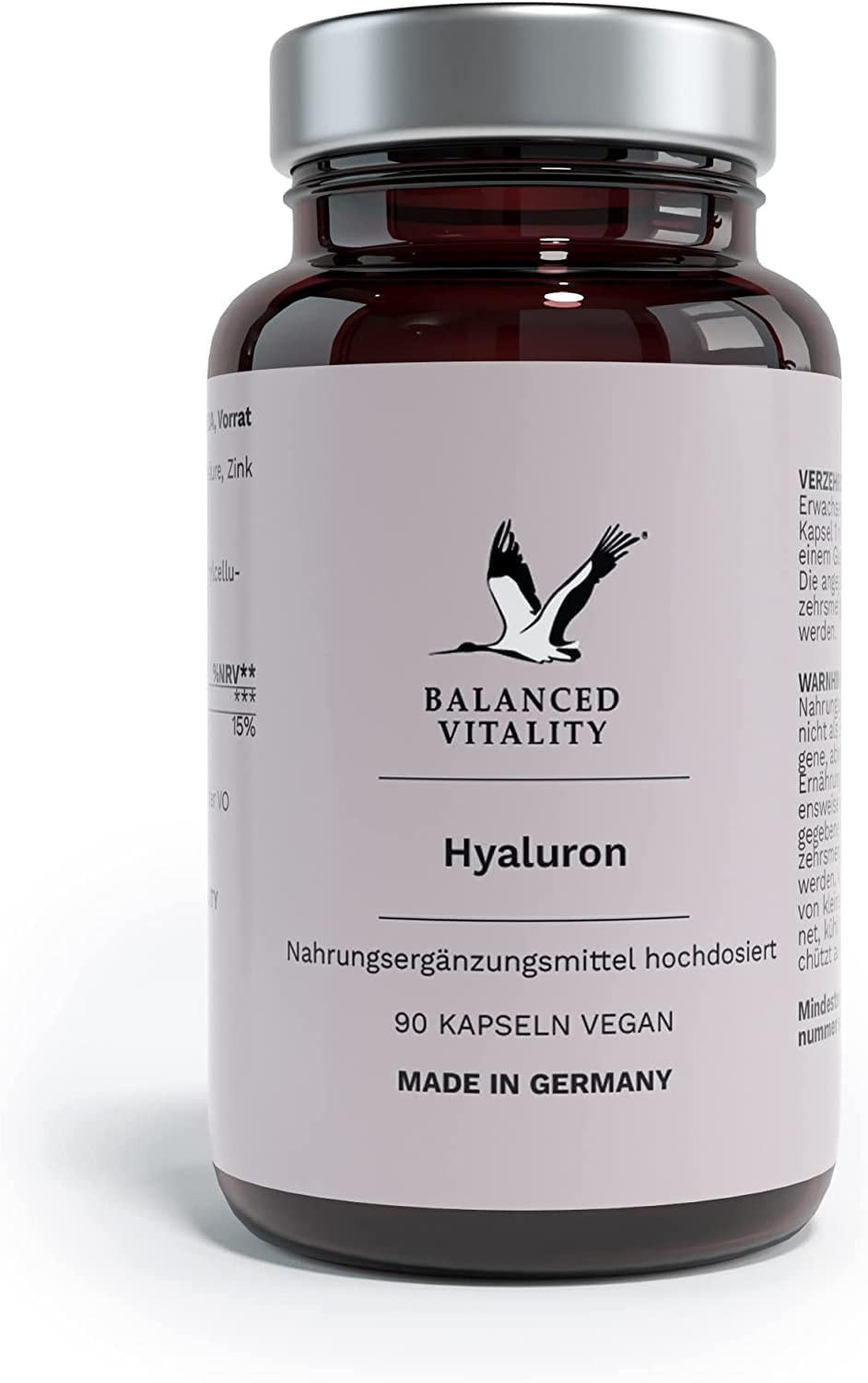 BALANCED VITALITY Hyaluron - mit Zink, 500-700 kDa – 500mg Hyaluron – ohne Zusatzstoffe – laborgeprüft – für Haut, Knochen, Bandscheiben & Gelenke - 90 vegane Kapseln für 3 Monate – Made in Germany