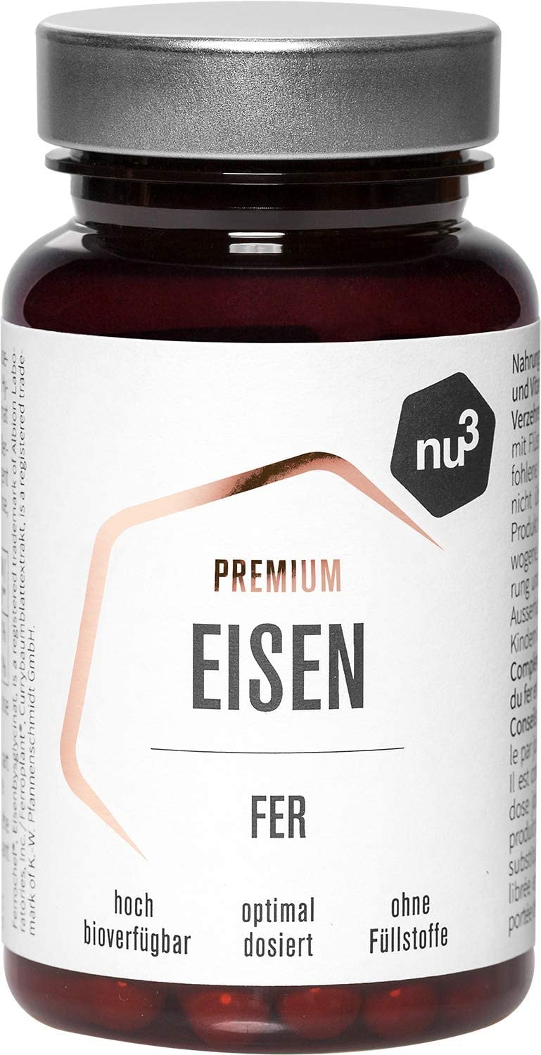 Produktbild von nu3 Premium Eisen - 60 Kapseln - 14 mg Eisen & 150 mg Vitamin C pro Stück - hohe Bioverfügbarkeit - mit Curryblattpulver - vegane Kapsel - sehr rein und ohne Füllstoffe - gluten- & laktosefrei