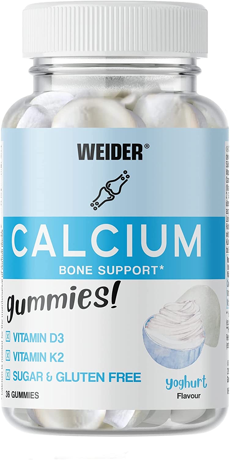 Produktbild von WEIDER Calcium Gummies, hochdosiert mit Vitamin K2 und D3, leckere Gummibärchen zur Unterstützung der Knochengesundheit, zuckerfrei, Gummibonbons mit Joghurtgeschmack, 18 Portionen