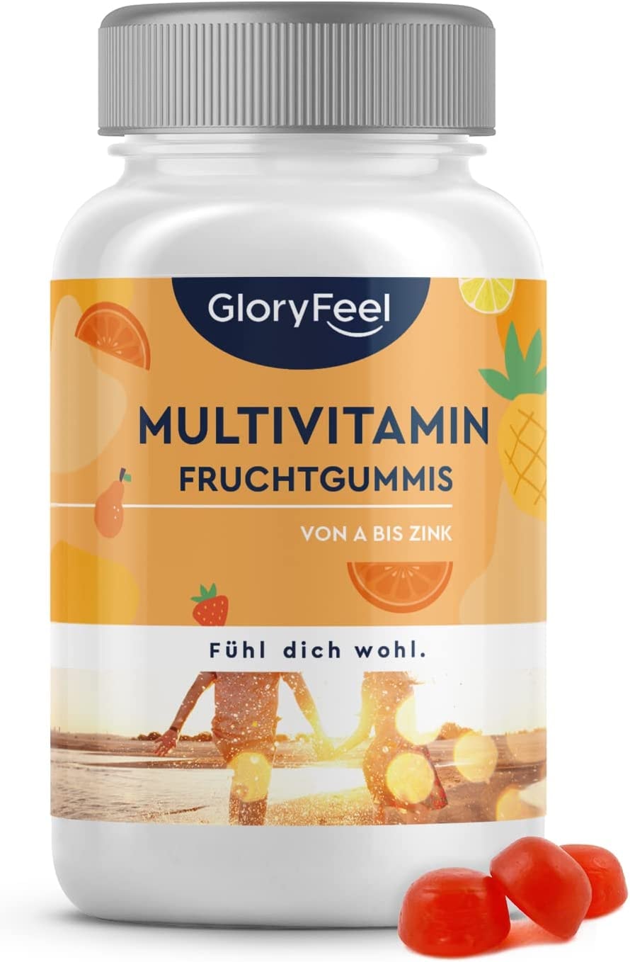 Produktbild von GloryFeel - Multivitamin Fruchtgummis für Kinder & Erwachsene - Mit Premium K2VITAL®, Vitamin C, D, B12, Biotin & Zink - Essentielle Vitamine & Mineralstoffe von A-Z - Laborgeprüft in Deutschland hergestellt