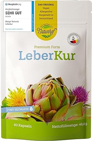 Produktbild von Bewertung STEIGER NATURALS Naturhof Leberkur Natürliche Unterstützung der Lebergesundheit mit Mariendistel Artischocken Cholin Vitamin E B12 vegan 60 Kapseln für 1 Monat