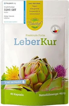 Produktbild von Bewertung STEIGER NATURALS Naturhof Leberkur Natürliche Unterstützung der Lebergesundheit mit Mariendistel Artischocken Cholin Vitamin E B12 vegan 60 Kapseln für 1 Monat