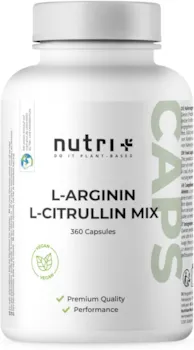 Produktbild von Bewertung nutri + Arginin Citrullin Kapseln 360 Caps hochdosiert vegan 3000mg L-Citrullin Malat L-Arginin Base Fitness und Bodybuilding Premiumqualität ohne Magnesiumstearat Zusätze