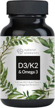 natural elements Vitamin D3/K2/Omega 3 Premium 99,7+% All-Trans K2 (K2VITAL®) Premium Omega 3 in Triglycerid Form und hochbioverfügbares D3 Laborgeprüft
