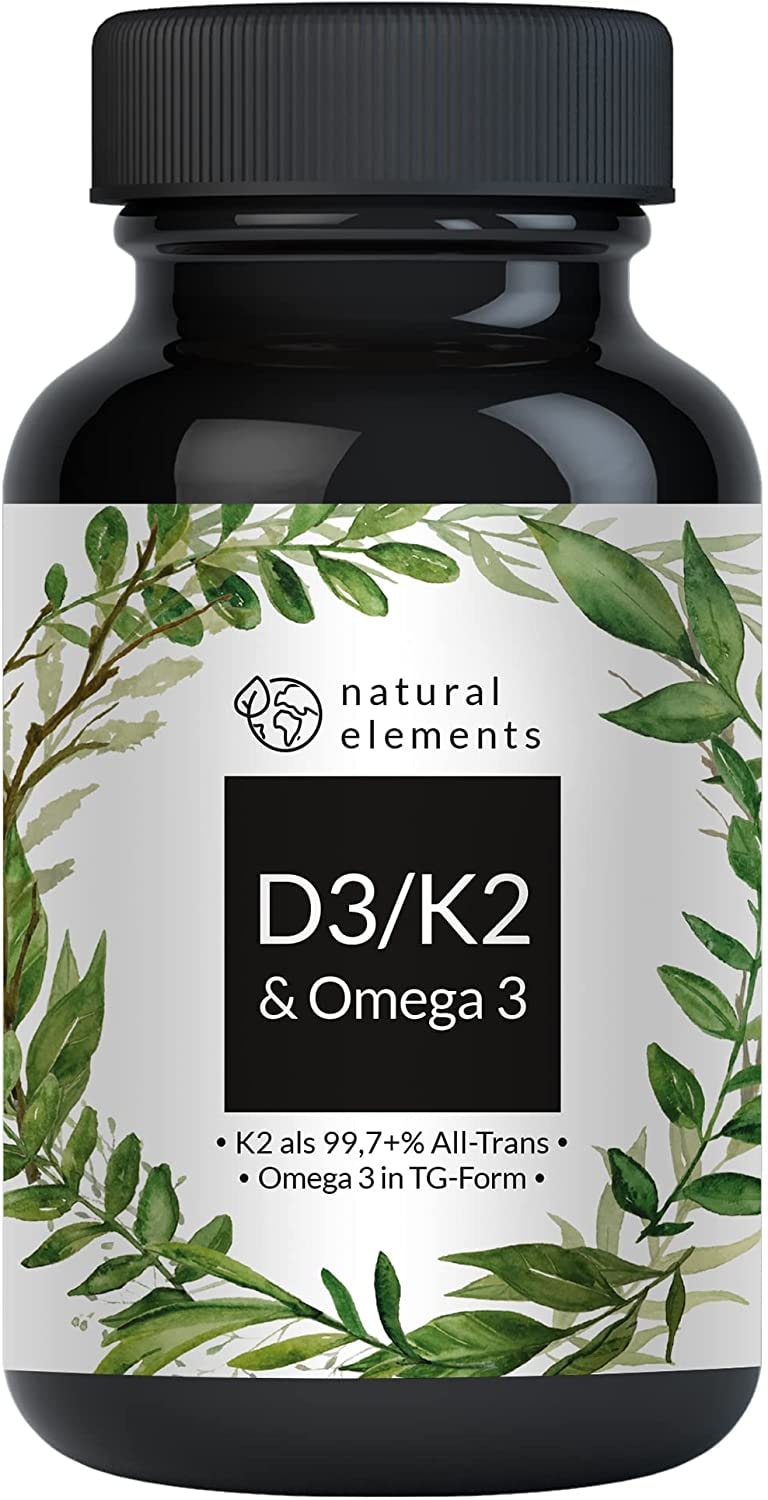 Produktbild von natural elements Vitamin D3/K2/Omega 3 Premium 99,7+% All-Trans K2 (K2VITAL®) Premium Omega 3 in Triglycerid Form und hochbioverfügbares D3 Laborgeprüft