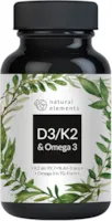 Produktbild von natural elements Vitamin D3/K2/Omega 3 Premium 99,7+% All-Trans K2 (K2VITAL®) Premium Omega 3 in Triglycerid Form und hochbioverfügbares D3 Laborgeprüft