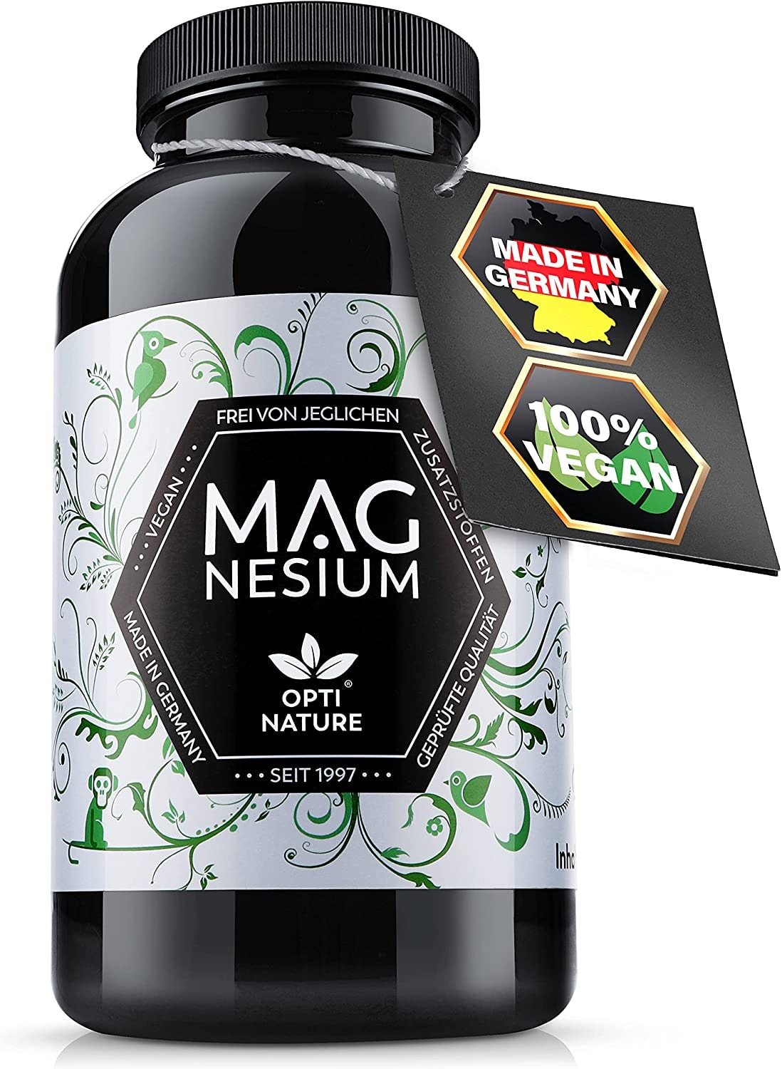 Produktbild von ‎OPTI NATURE  - 365 hochdosierte & hoch bioverfügbare Magnesium Kapseln 400MG | Vegan, Made in Germany & zertifiziert | Seit 1997 - OPTI NATURE