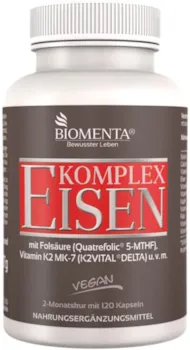 BIOMENTA Eisen Komplex – Premiumqualität – 120 Eisen Kapseln vegan mit Eisenbisglycinat + Kupfer + Vitamin A + Vitamin C + Vitamin K2 MK7 + Folsäure + B-Vitamine + Calcium + Kalium - 2 Monatskur