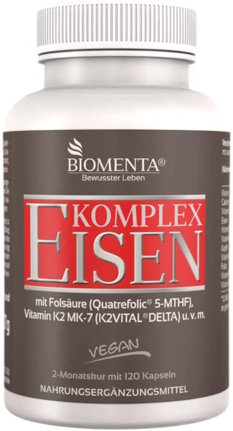 Produktbild von BIOMENTA Eisen Komplex – Premiumqualität – 120 Eisen Kapseln vegan mit Eisenbisglycinat + Kupfer + Vitamin A + Vitamin C + Vitamin K2 MK7 + Folsäure + B-Vitamine + Calcium + Kalium - 2 Monatskur