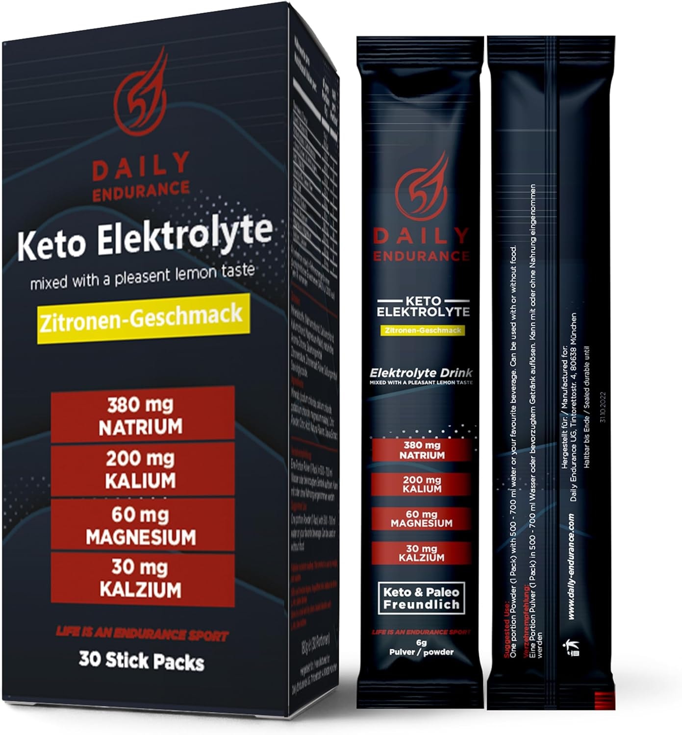 Produktbild von Bewertung Daily Endurance Keto Elektrolyt Pulver Unterstützt Hydratation und Erholung Low Carb, Keto & Paleo Kein Zucker & Vegan Pulver für Elektrolyte Getränk 30 Stick Packs Zitrus-Salz